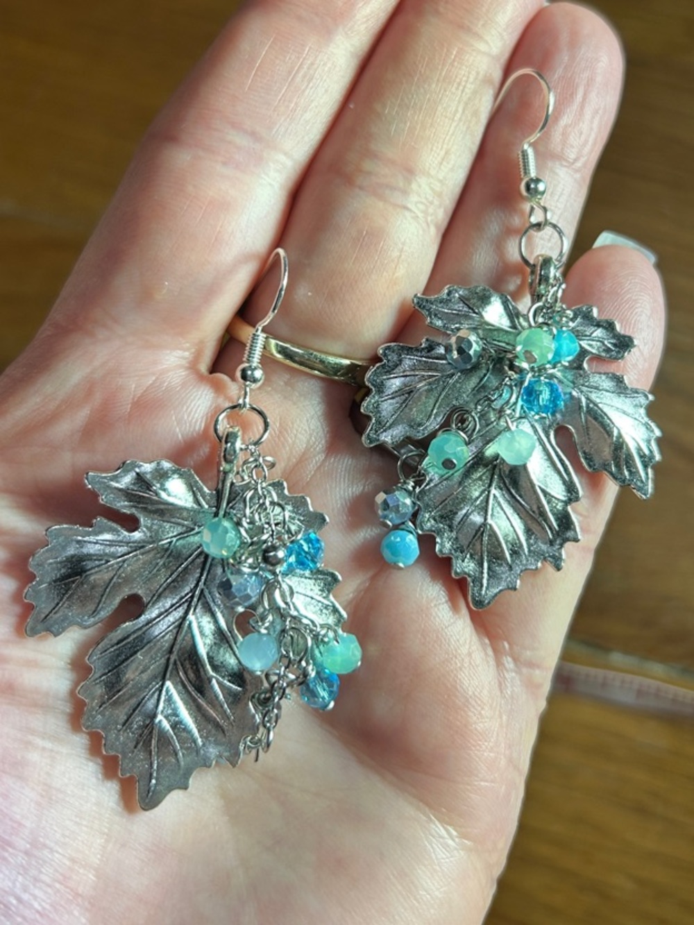 3/$25 Silver Leaf Dangle Earrings with Aqua Beads